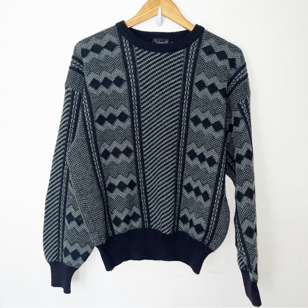 Yamato Vintage Wool Blend Crew Neck Sweater Black Geometric Made in Japan Medium